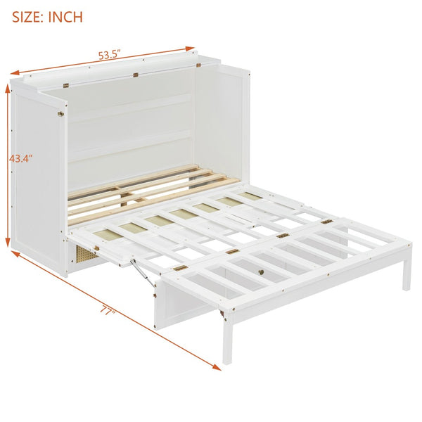 English Elm Full Size Wall Murphy Bed with Rattan Panel Cabinet and Storage Drawers for Small Spaces White LP000677AAK-1