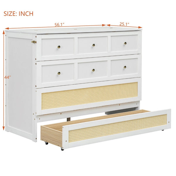 English Elm Full Size Wall Murphy Bed with Rattan Panel Cabinet and Storage Drawers for Small Spaces White LP000677AAK-1