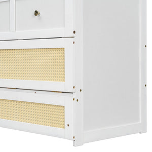English Elm Full Size Wall Murphy Bed with Rattan Panel Cabinet and Storage Drawers for Small Spaces White LP000677AAK-1