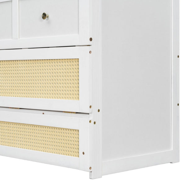 English Elm Full Size Wall Murphy Bed with Rattan Panel Cabinet and Storage Drawers for Small Spaces White LP000677AAK-1
