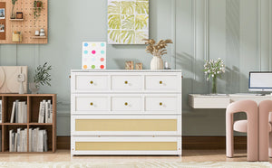English Elm Full Size Wall Murphy Bed with Rattan Panel Cabinet and Storage Drawers for Small Spaces White LP000677AAK-1