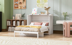 English Elm Full Size Wall Murphy Bed with Rattan Panel Cabinet and Storage Drawers for Small Spaces White LP000677AAK-1