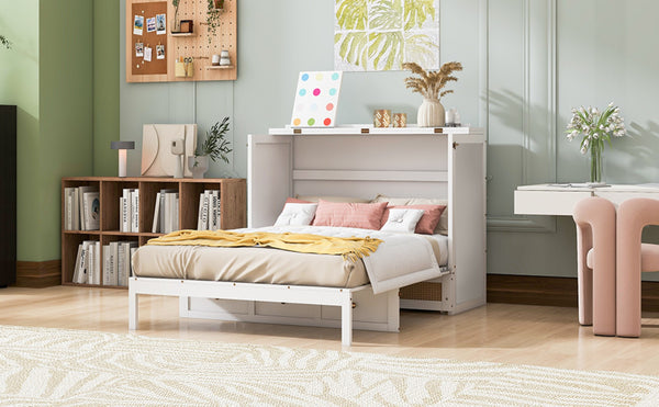 English Elm Full Size Wall Murphy Bed with Rattan Panel Cabinet and Storage Drawers for Small Spaces White LP000677AAK-1