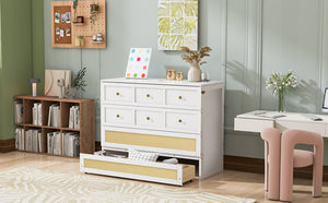 English Elm Full Size Wall Murphy Bed with Rattan Panel Cabinet and Storage Drawers for Small Spaces White LP000677AAK-1