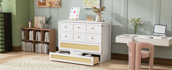 English Elm Full Size Wall Murphy Bed with Rattan Panel Cabinet and Storage Drawers for Small Spaces White LP000677AAK-1