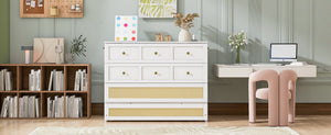English Elm Full Size Wall Murphy Bed with Rattan Panel Cabinet and Storage Drawers for Small Spaces White LP000677AAK-1