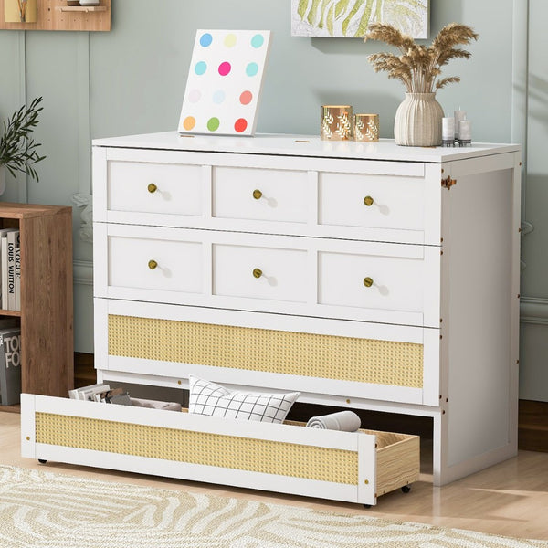 English Elm Full Size Wall Murphy Bed with Rattan Panel Cabinet and Storage Drawers for Small Spaces White LP000677AAK-1