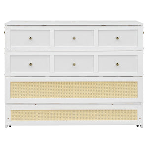 English Elm Full Size Wall Murphy Bed with Rattan Panel Cabinet and Storage Drawers for Small Spaces White LP000677AAK-1