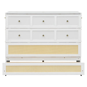 English Elm Full Size Wall Murphy Bed with Rattan Panel Cabinet and Storage Drawers for Small Spaces White LP000677AAK-1