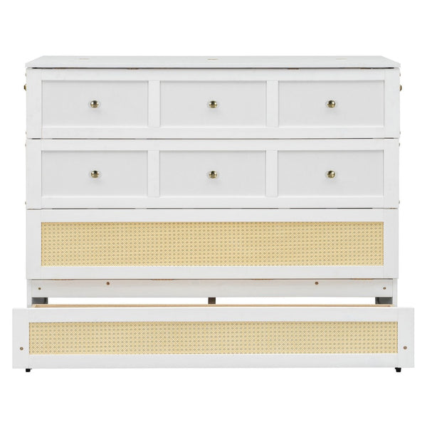 English Elm Full Size Wall Murphy Bed with Rattan Panel Cabinet and Storage Drawers for Small Spaces White LP000677AAK-1