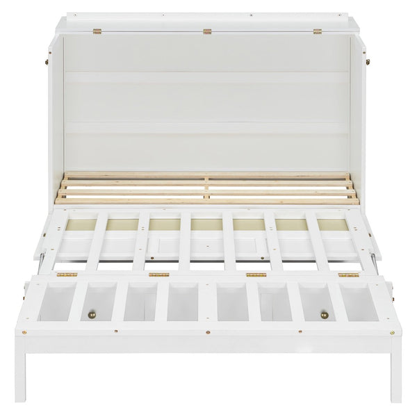 English Elm Full Size Wall Murphy Bed with Rattan Panel Cabinet and Storage Drawers for Small Spaces White LP000677AAK-1
