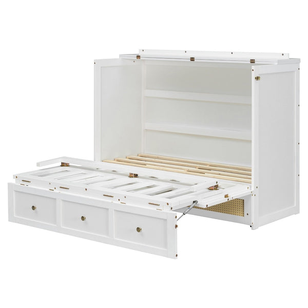 English Elm Full Size Wall Murphy Bed with Rattan Panel Cabinet and Storage Drawers for Small Spaces White LP000677AAK-1
