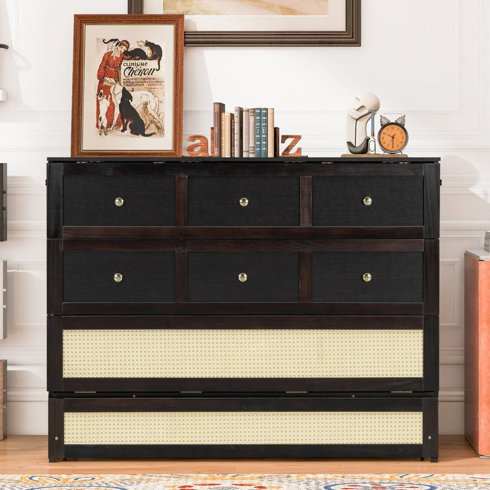 English Elm Full Size Wall Murphy Bed with Rattan Panel Cabinet and Storage Drawers for Small Spaces Espresso LP000677AAP-1