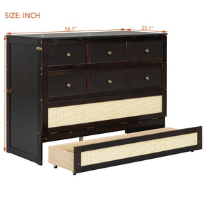English Elm Full Size Wall Murphy Bed with Rattan Panel Cabinet and Storage Drawers for Small Spaces Espresso LP000677AAP-1