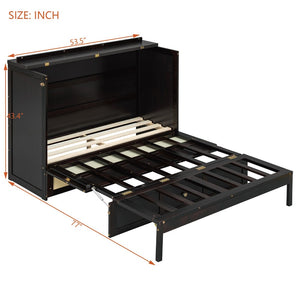 English Elm Full Size Wall Murphy Bed with Rattan Panel Cabinet and Storage Drawers for Small Spaces Espresso LP000677AAP-1