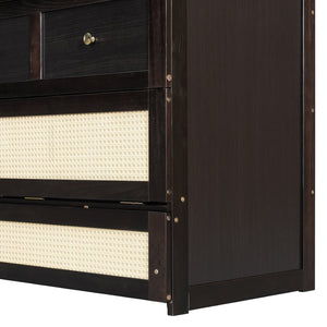English Elm Full Size Wall Murphy Bed with Rattan Panel Cabinet and Storage Drawers for Small Spaces Espresso LP000677AAP-1