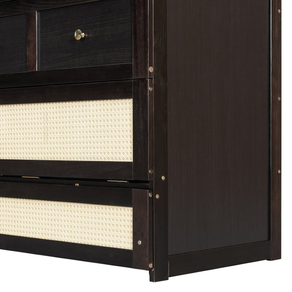 English Elm Full Size Wall Murphy Bed with Rattan Panel Cabinet and Storage Drawers for Small Spaces Espresso LP000677AAP-1