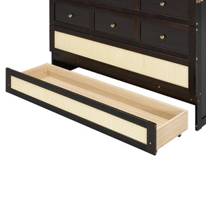 English Elm Full Size Wall Murphy Bed with Rattan Panel Cabinet and Storage Drawers for Small Spaces Espresso LP000677AAP-1