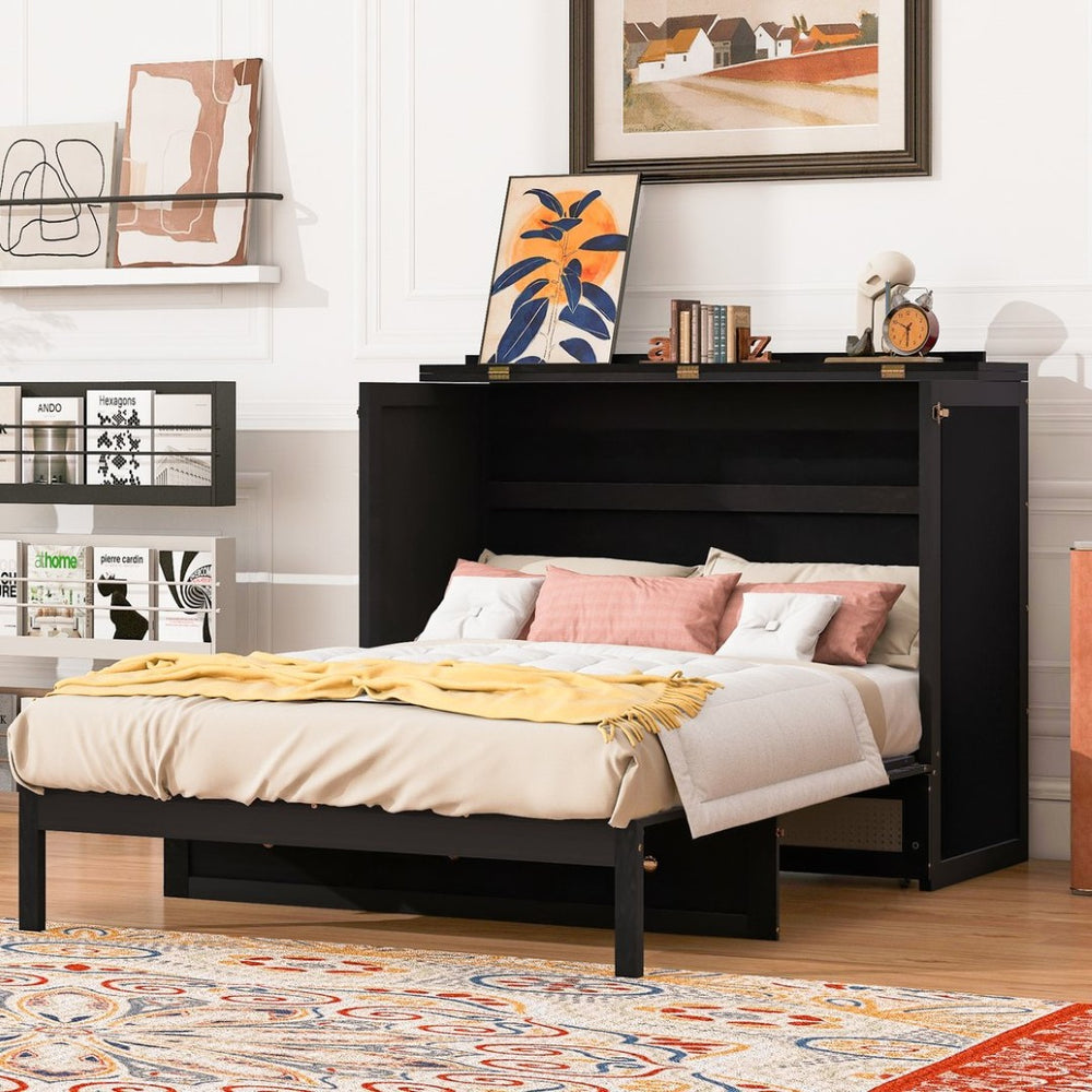 English Elm Full Size Wall Murphy Bed with Rattan Panel Cabinet and Storage Drawers for Small Spaces Espresso LP000677AAP-1