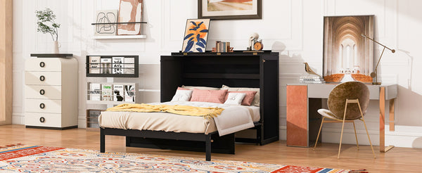 English Elm Full Size Wall Murphy Bed with Rattan Panel Cabinet and Storage Drawers for Small Spaces Espresso LP000677AAP-1