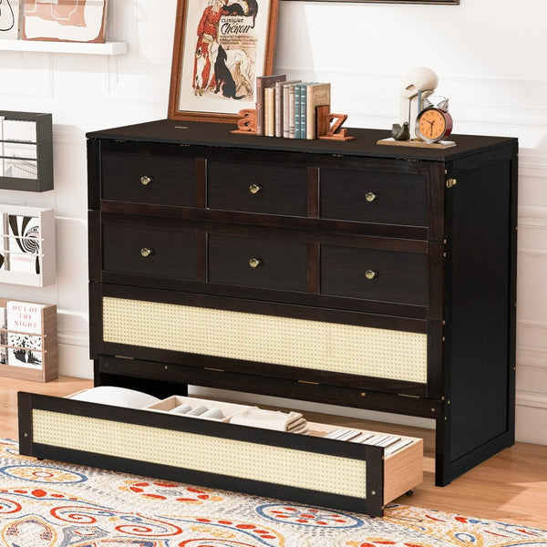 English Elm Full Size Wall Murphy Bed with Rattan Panel Cabinet and Storage Drawers for Small Spaces Espresso LP000677AAP-1
