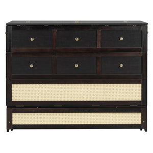 English Elm Full Size Wall Murphy Bed with Rattan Panel Cabinet and Storage Drawers for Small Spaces Espresso LP000677AAP-1