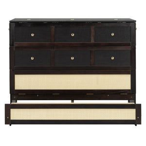 English Elm Full Size Wall Murphy Bed with Rattan Panel Cabinet and Storage Drawers for Small Spaces Espresso LP000677AAP-1
