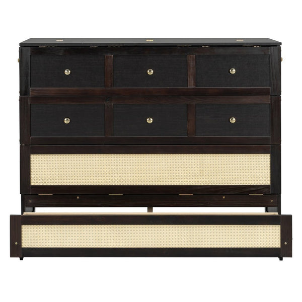 English Elm Full Size Wall Murphy Bed with Rattan Panel Cabinet and Storage Drawers for Small Spaces Espresso LP000677AAP-1
