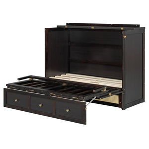 English Elm Full Size Wall Murphy Bed with Rattan Panel Cabinet and Storage Drawers for Small Spaces Espresso LP000677AAP-1