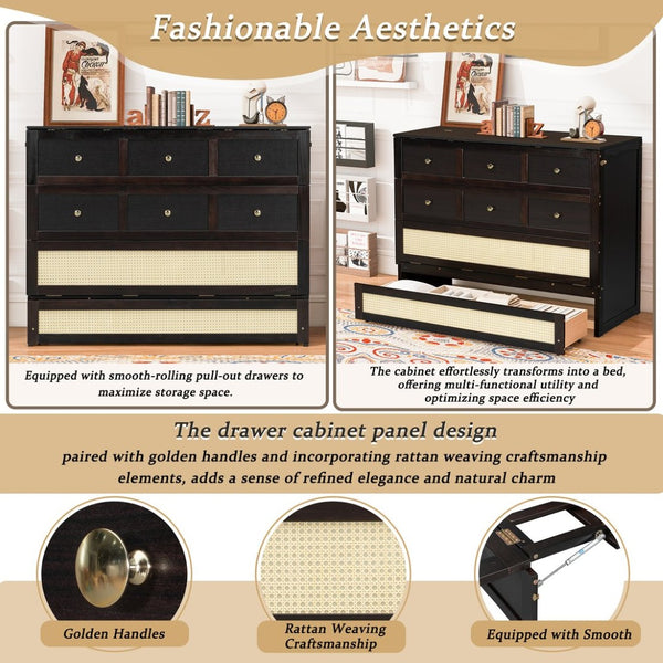 English Elm Full Size Wall Murphy Bed with Rattan Panel Cabinet and Storage Drawers for Small Spaces Espresso LP000677AAP-1