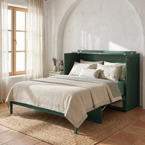 English Elm Queen Murphy Bed Cabinet with Rattan Panel Detail and Built-in Storage Drawers Green LP000678AAF-1