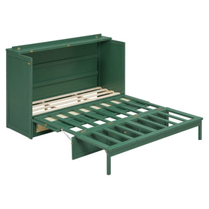 English Elm Queen Murphy Bed Cabinet with Rattan Panel Detail and Built-in Storage Drawers Green LP000678AAF-1