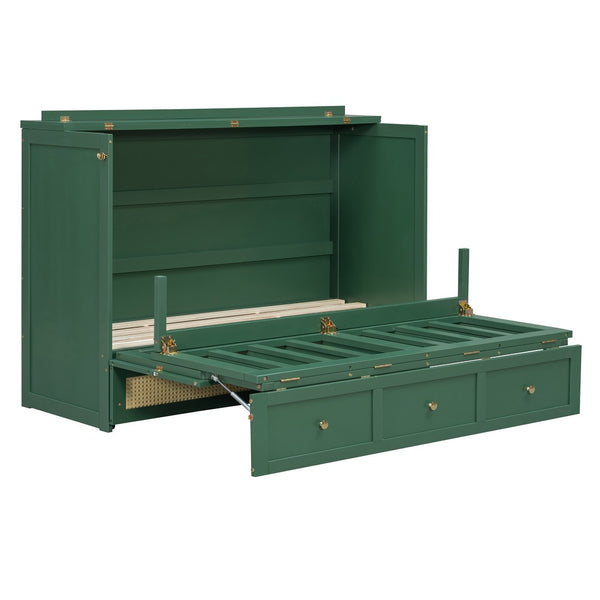 English Elm Queen Murphy Bed Cabinet with Rattan Panel Detail and Built-in Storage Drawers Green LP000678AAF-1