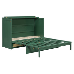 English Elm Queen Murphy Bed Cabinet with Rattan Panel Detail and Built-in Storage Drawers Green LP000678AAF-1