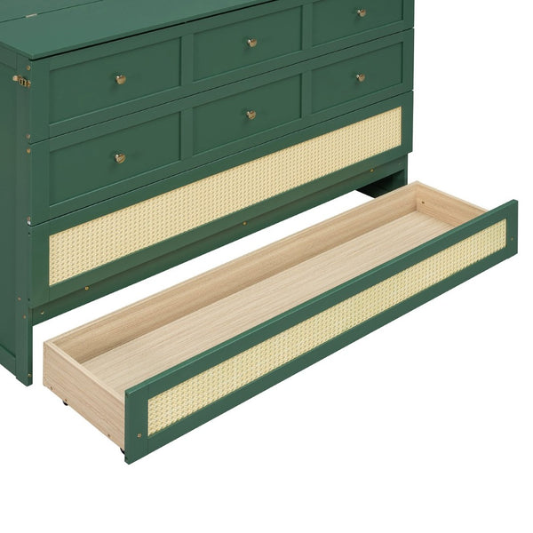 English Elm Queen Murphy Bed Cabinet with Rattan Panel Detail and Built-in Storage Drawers Green LP000678AAF-1
