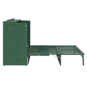 English Elm Queen Murphy Bed Cabinet with Rattan Panel Detail and Built-in Storage Drawers Green LP000678AAF-1