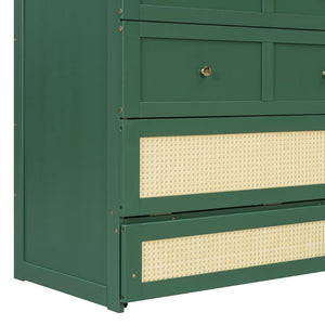 English Elm Queen Murphy Bed Cabinet with Rattan Panel Detail and Built-in Storage Drawers Green LP000678AAF-1