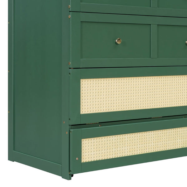 English Elm Queen Murphy Bed Cabinet with Rattan Panel Detail and Built-in Storage Drawers Green LP000678AAF-1