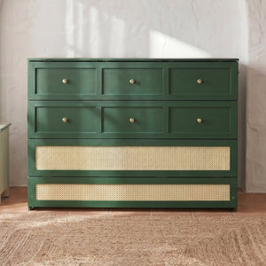 English Elm Queen Murphy Bed Cabinet with Rattan Panel Detail and Built-in Storage Drawers Green LP000678AAF-1