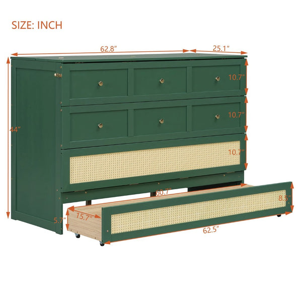 English Elm Queen Murphy Bed Cabinet with Rattan Panel Detail and Built-in Storage Drawers Green LP000678AAF-1