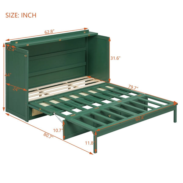English Elm Queen Murphy Bed Cabinet with Rattan Panel Detail and Built-in Storage Drawers Green LP000678AAF-1