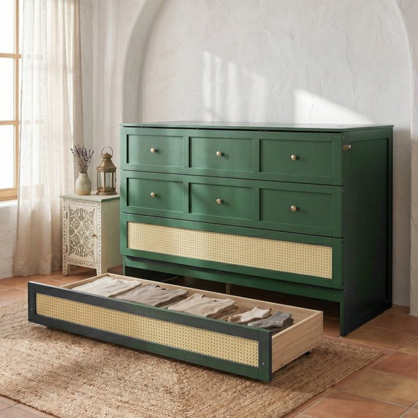 English Elm Queen Murphy Bed Cabinet with Rattan Panel Detail and Built-in Storage Drawers Green LP000678AAF-1