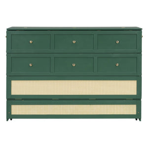 English Elm Queen Murphy Bed Cabinet with Rattan Panel Detail and Built-in Storage Drawers Green LP000678AAF-1