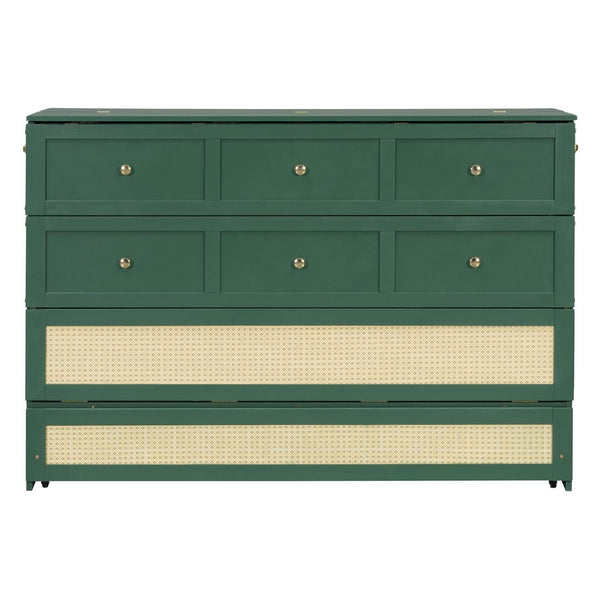 English Elm Queen Murphy Bed Cabinet with Rattan Panel Detail and Built-in Storage Drawers Green LP000678AAF-1