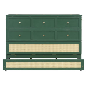 English Elm Queen Murphy Bed Cabinet with Rattan Panel Detail and Built-in Storage Drawers Green LP000678AAF-1