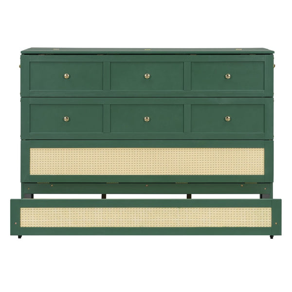 English Elm Queen Murphy Bed Cabinet with Rattan Panel Detail and Built-in Storage Drawers Green LP000678AAF-1