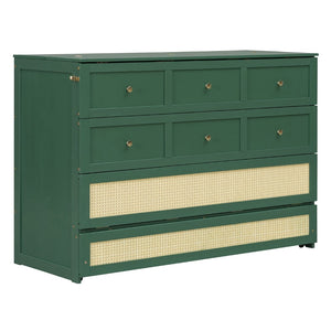 English Elm Queen Murphy Bed Cabinet with Rattan Panel Detail and Built-in Storage Drawers Green LP000678AAF-1