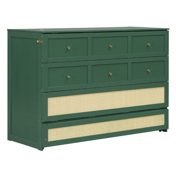English Elm Queen Murphy Bed Cabinet with Rattan Panel Detail and Built-in Storage Drawers Green LP000678AAF-1