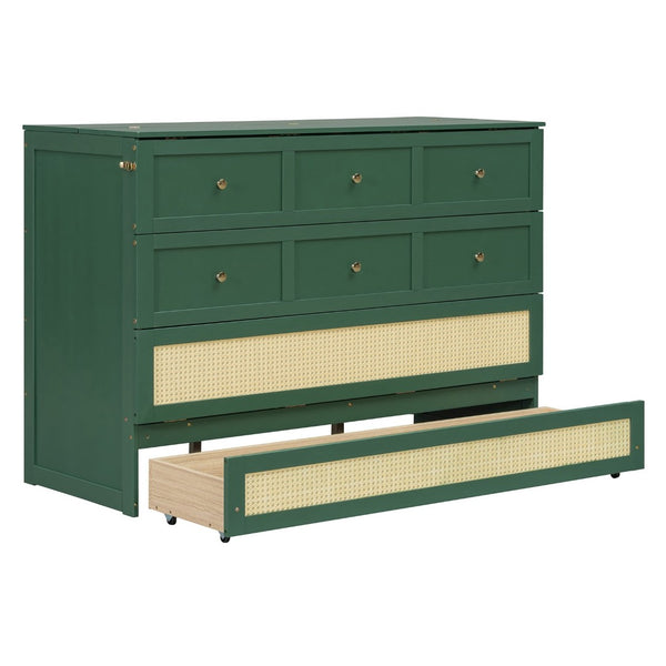English Elm Queen Murphy Bed Cabinet with Rattan Panel Detail and Built-in Storage Drawers Green LP000678AAF-1