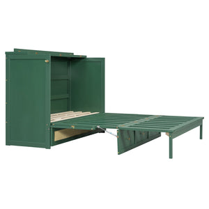 English Elm Queen Murphy Bed Cabinet with Rattan Panel Detail and Built-in Storage Drawers Green LP000678AAF-1